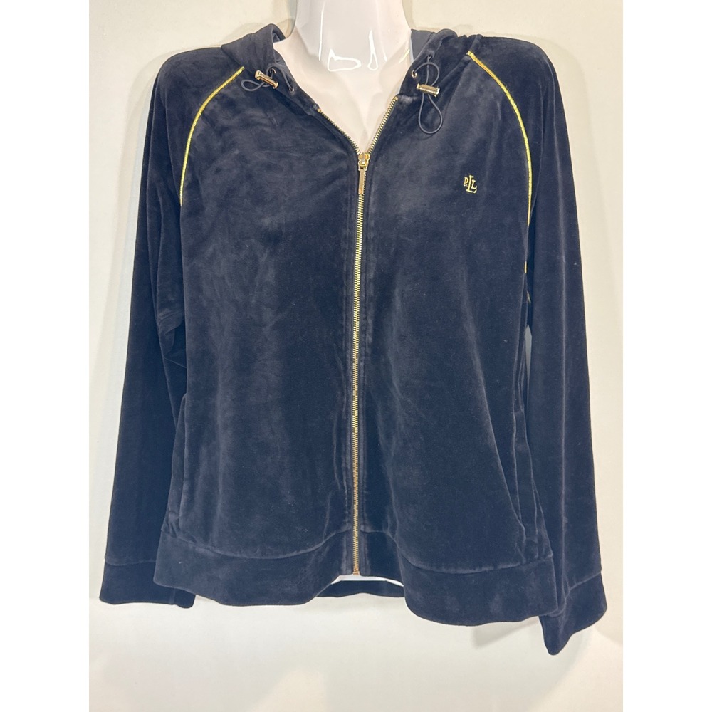 Lauren Ralph Lauren Velvet Zip Up Hoodie Jacket Black Gold RL Logo Women XL